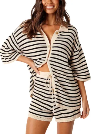 Watashi Women's Summer Two Pieces Knit Striped Polo Neck Short Sleeve Top with Button Loose High Waist Shorts with Drawstring