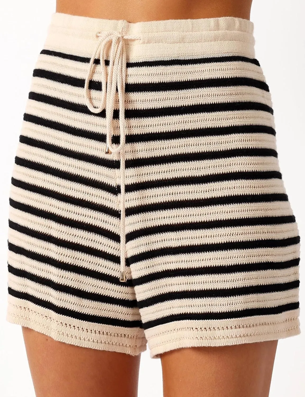 Watashi Women's Summer Two Pieces Knit Striped Polo Neck Short Sleeve Top with Button Loose High Waist Shorts with Drawstring