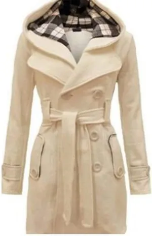 Women Casual Outwear Double Breasted Belt Hooded Long Sleeve Woolen Trench Coat