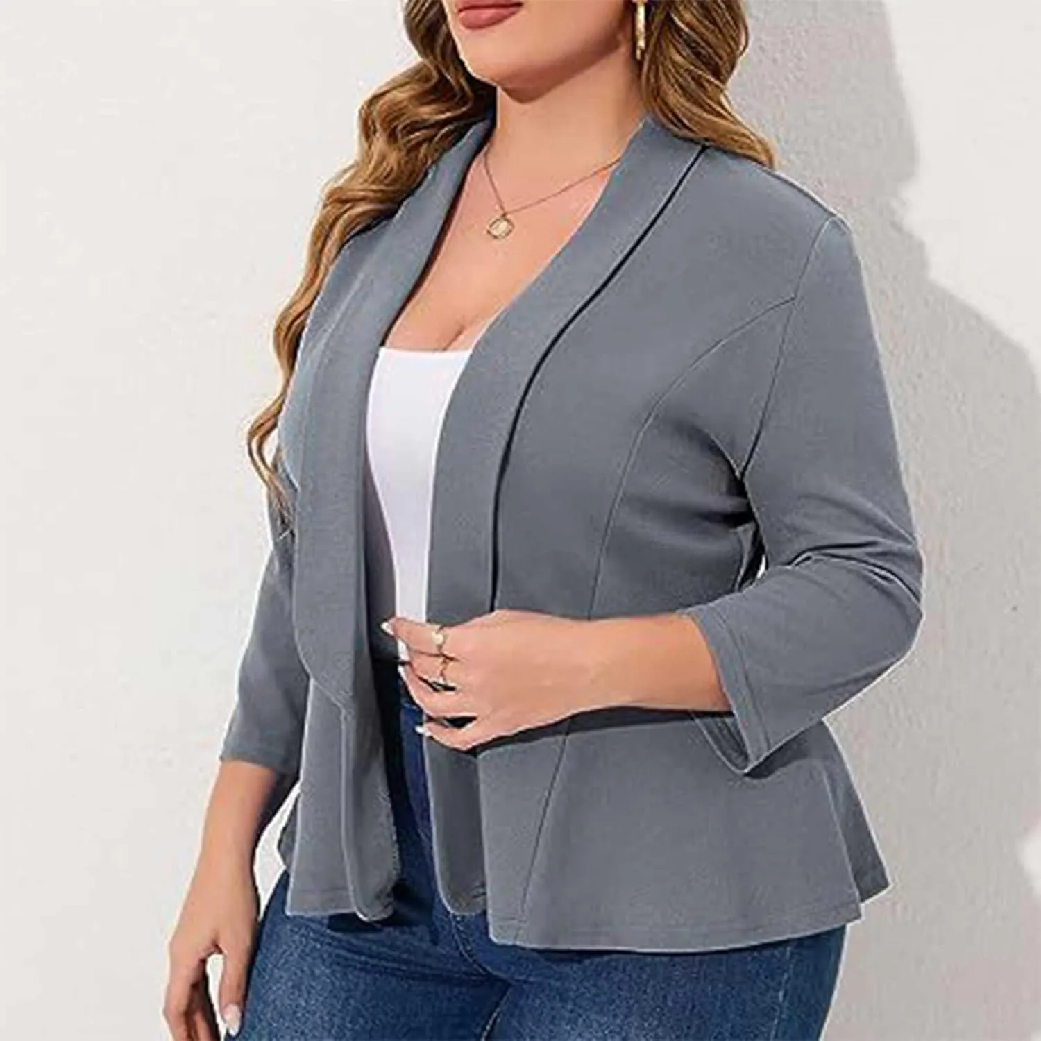 Women Plus Size Short Blazers Curvy Ruffle Hem 3/4 Sleeve Coats Business Casual Lapel Sexy Summer Lightweight Coats