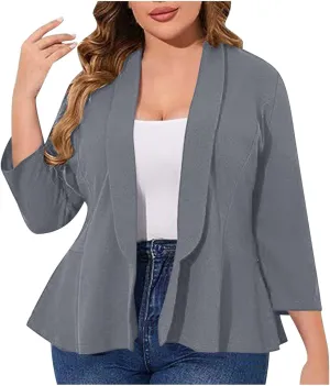 Women Plus Size Short Blazers Curvy Ruffle Hem 3/4 Sleeve Coats Business Casual Lapel Sexy Summer Lightweight Coats