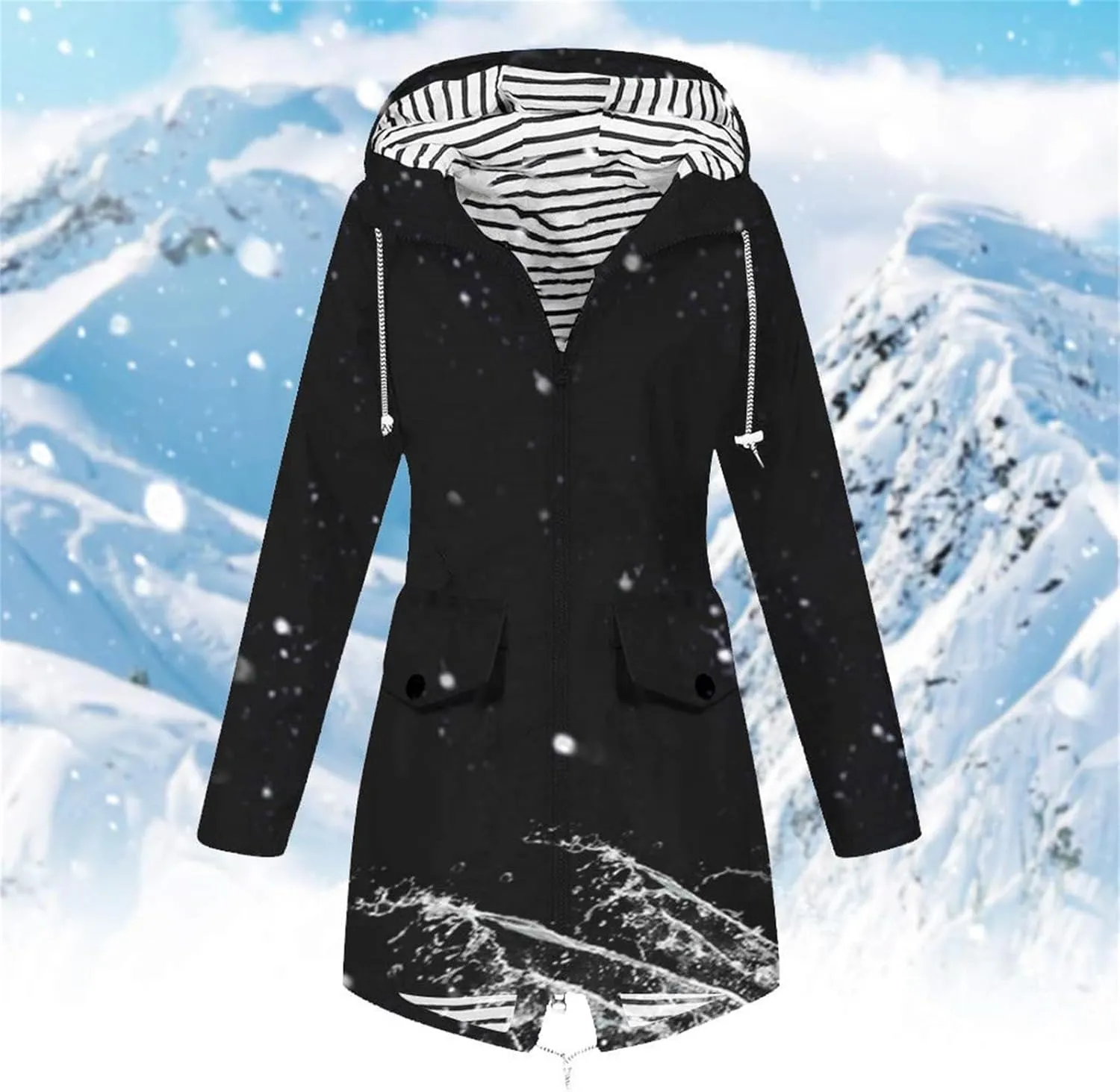 Women Waterproof Jacket Lightweight Long Hooded Raincoat Lined Windbreaker Jacket Zip Up Coat