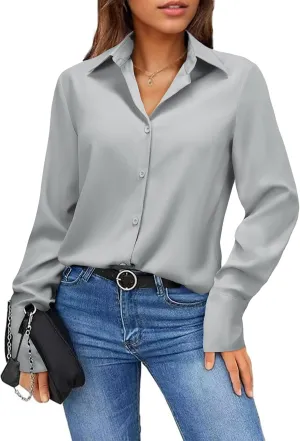 Womens Button Down Shirts Dress Shirt Dressy Casual Striped Blouse Long Sleeve Work Office Business Chiffon Top