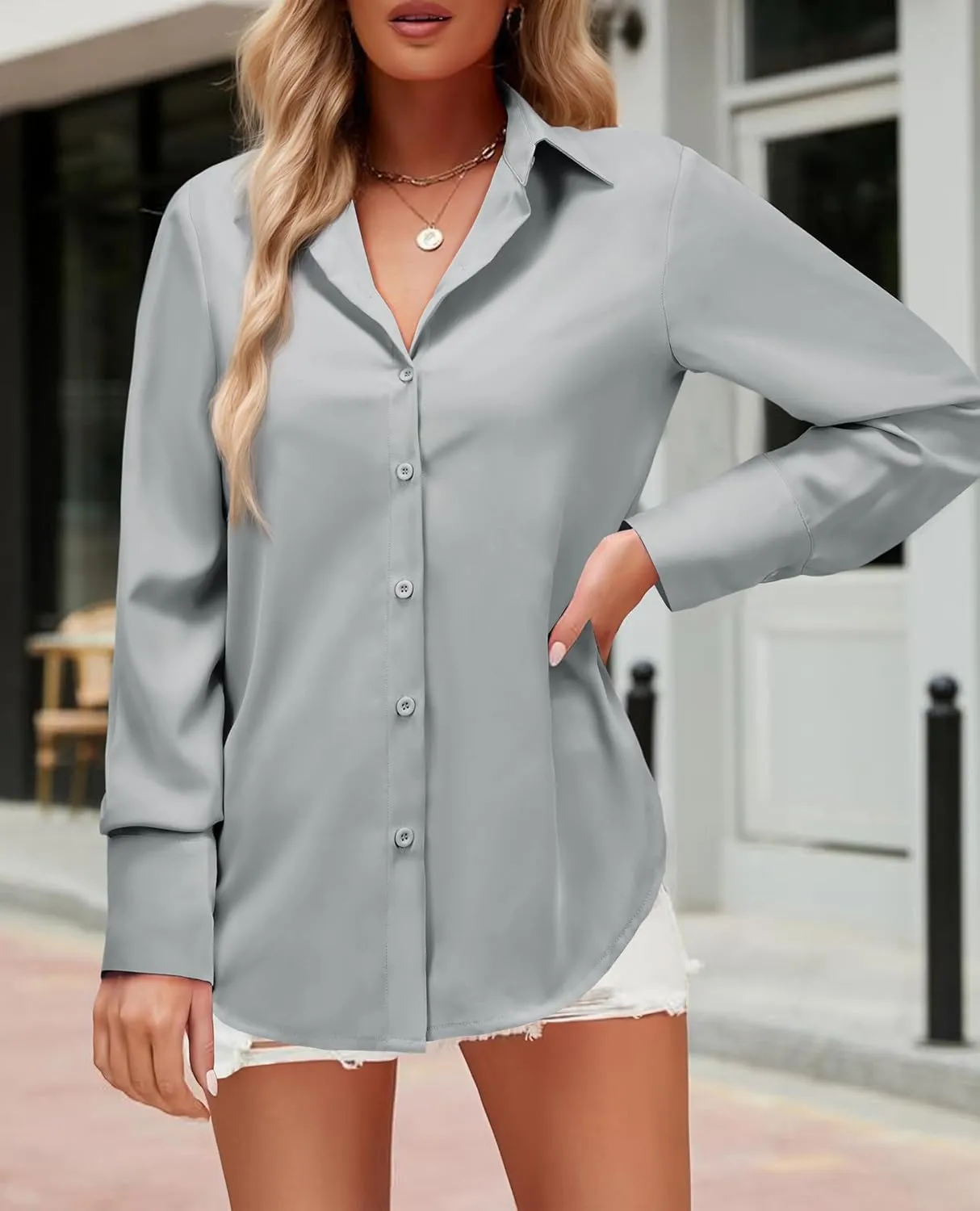 Womens Button Down Shirts Dress Shirt Dressy Casual Striped Blouse Long Sleeve Work Office Business Chiffon Top
