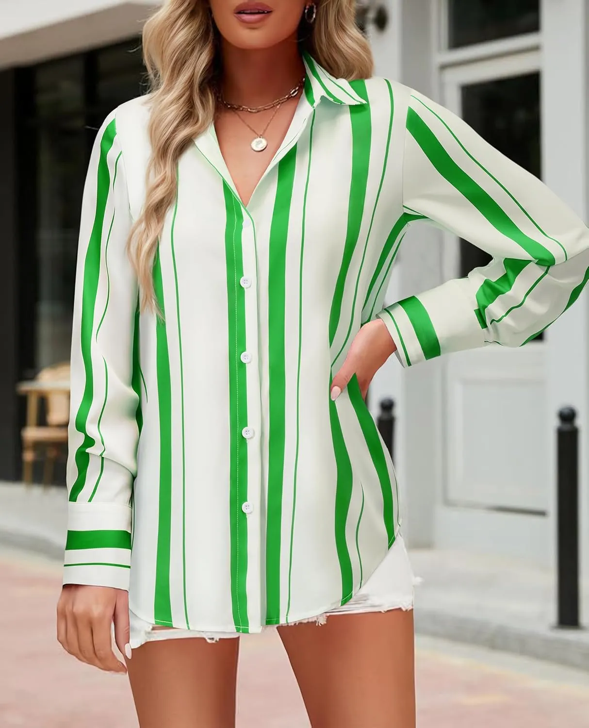 Womens Button Down Shirts Dress Shirt Dressy Casual Striped Blouse Long Sleeve Work Office Business Chiffon Top