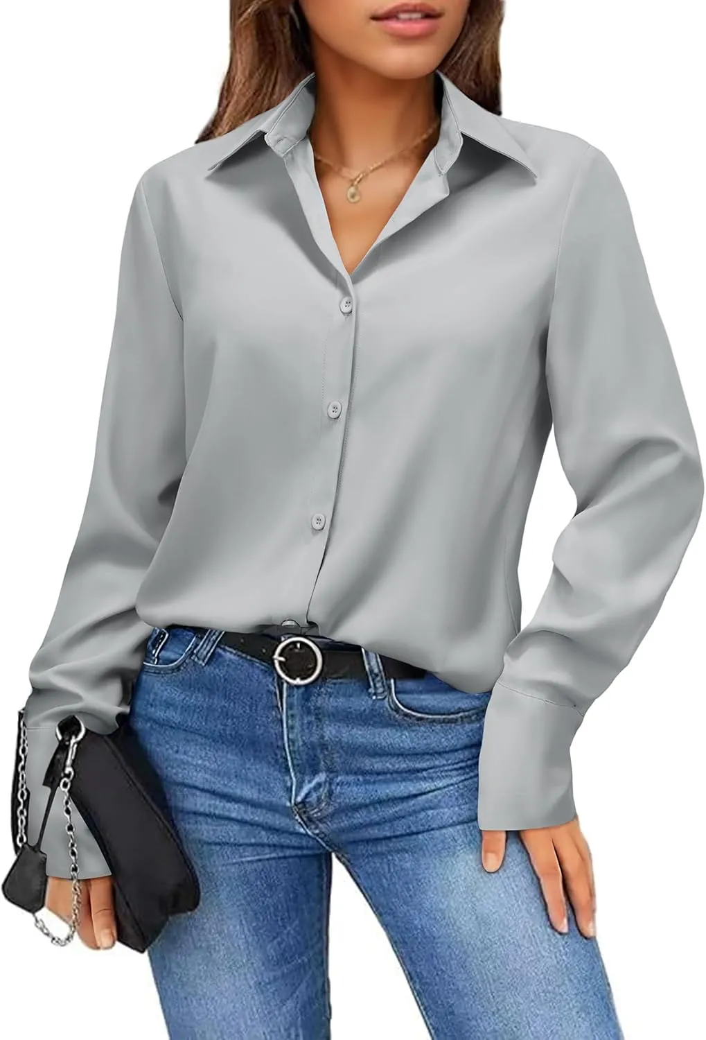 Womens Button Down Shirts Dress Shirt Dressy Casual Striped Blouse Long Sleeve Work Office Business Chiffon Top