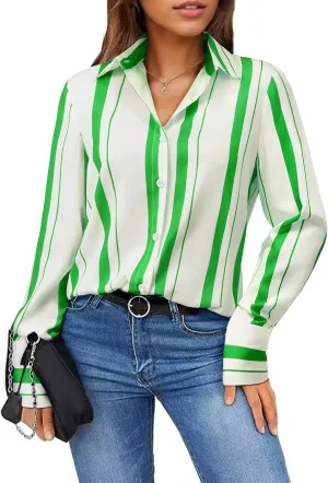 Womens Button Down Shirts Dress Shirt Dressy Casual Striped Blouse Long Sleeve Work Office Business Chiffon Top