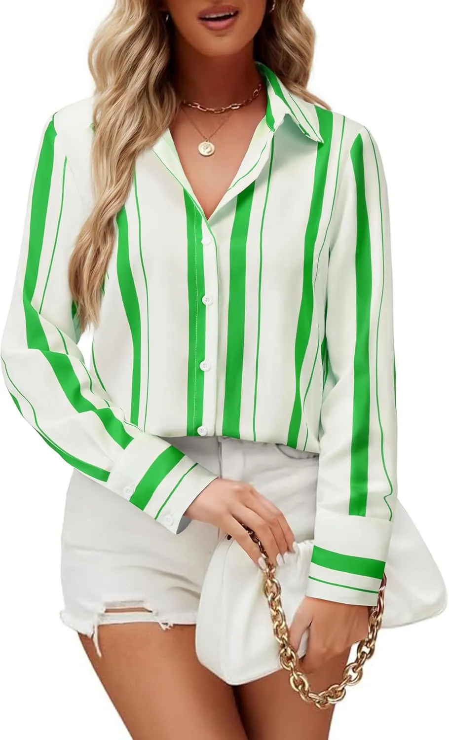 Womens Button Down Shirts Dress Shirt Dressy Casual Striped Blouse Long Sleeve Work Office Business Chiffon Top