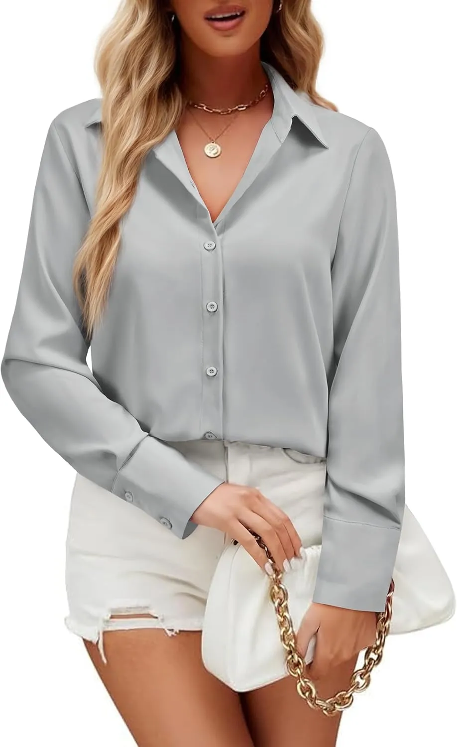 Womens Button Down Shirts Dress Shirt Dressy Casual Striped Blouse Long Sleeve Work Office Business Chiffon Top