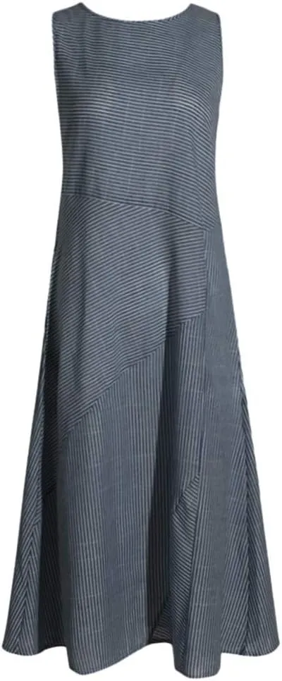 Women's Dresses Summer Casual Striped Sleeveless Round Neck Linen with Pockets Long Maxi Dress Spring, S-2XL