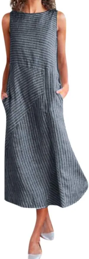 Women's Dresses Summer Casual Striped Sleeveless Round Neck Linen with Pockets Long Maxi Dress Spring, S-2XL