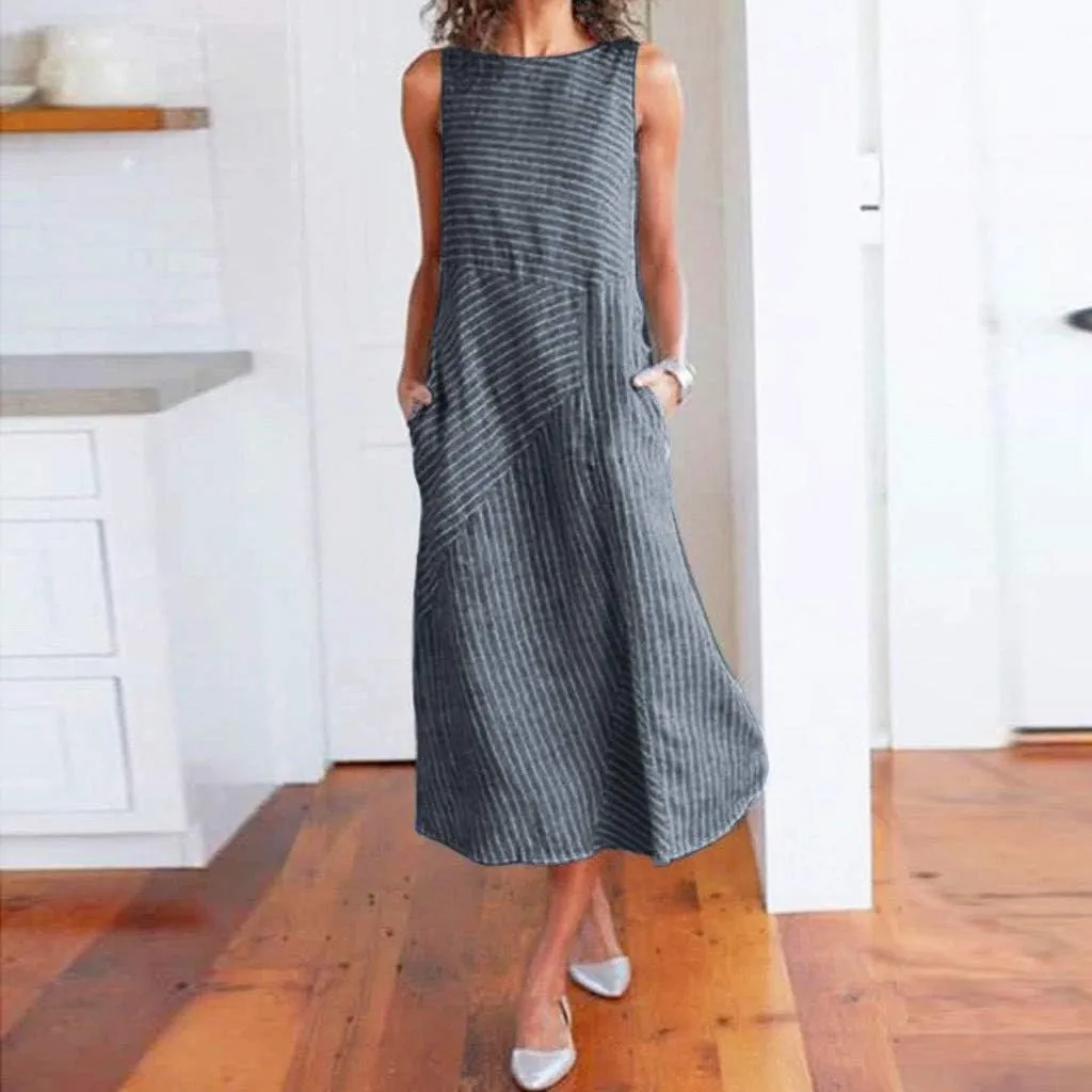 Women's Dresses Summer Casual Striped Sleeveless Round Neck Linen with Pockets Long Maxi Dress Spring, S-2XL