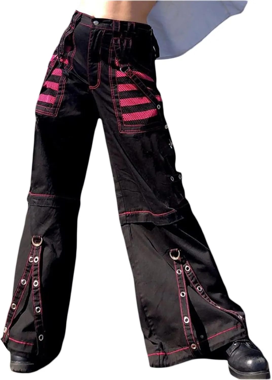 Women's Goth Baggy Jeans Y2K High Waisted Strap Buttoned Stripe Long Pants E-Girls Grunge Harajuku Pants Streetwear