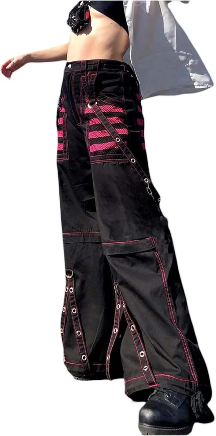 Women's Goth Baggy Jeans Y2K High Waisted Strap Buttoned Stripe Long Pants E-Girls Grunge Harajuku Pants Streetwear
