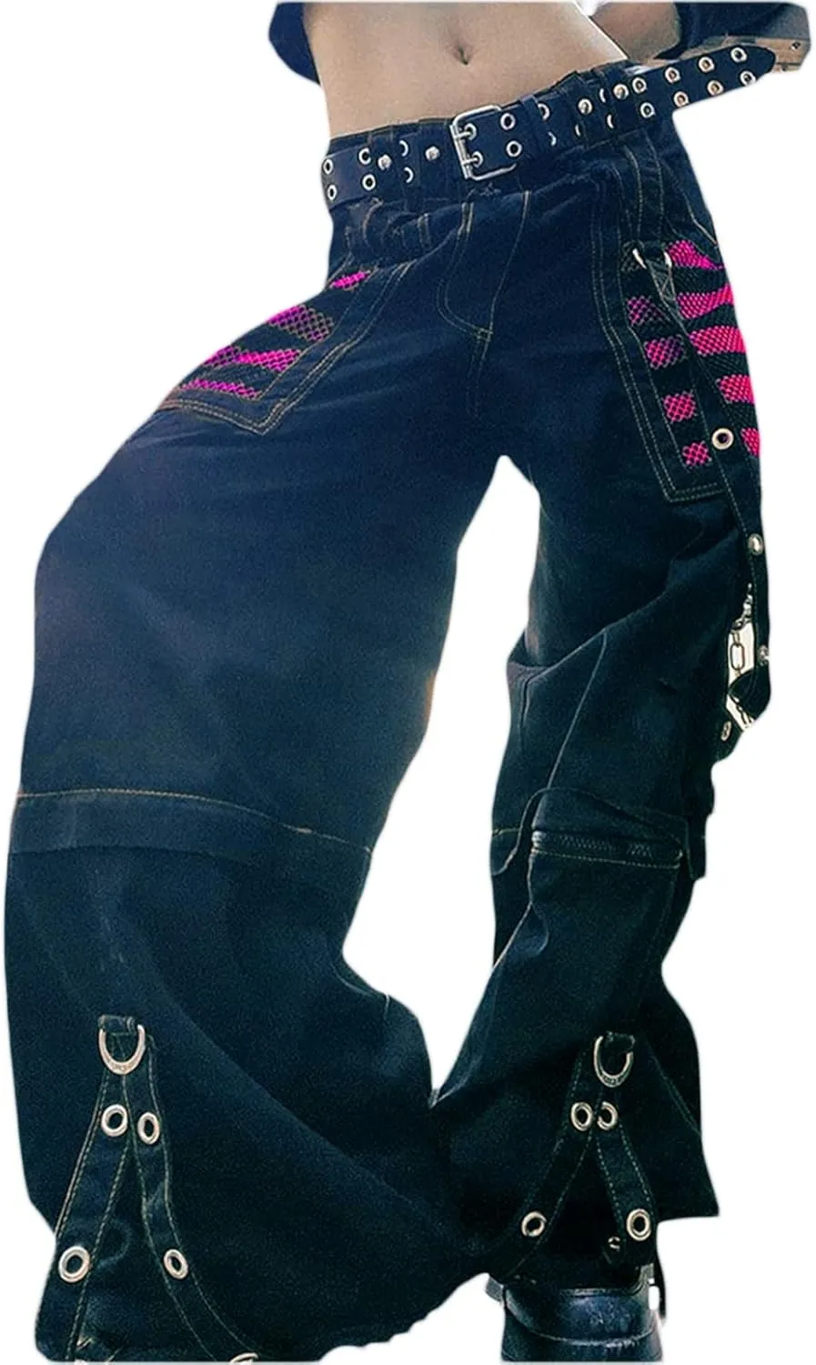 Women's Goth Baggy Jeans Y2K High Waisted Strap Buttoned Stripe Long Pants E-Girls Grunge Harajuku Pants Streetwear