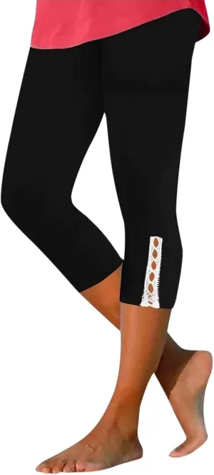 Women's High Waist Lace Trim Leggings, Stretchy Slim Fit Full Length Skinny Pants for Spring/Fall