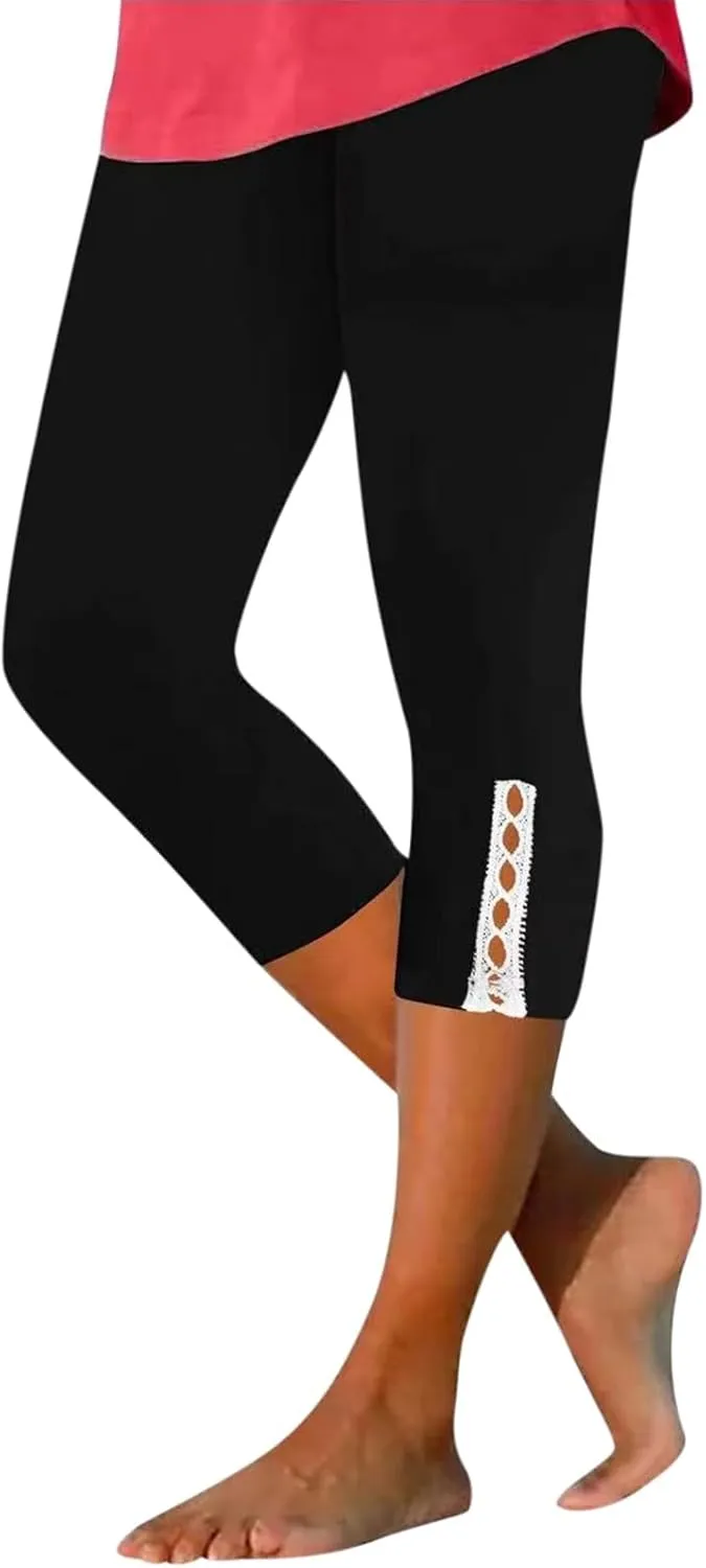 Women's High Waist Lace Trim Leggings, Stretchy Slim Fit Full Length Skinny Pants for Spring/Fall