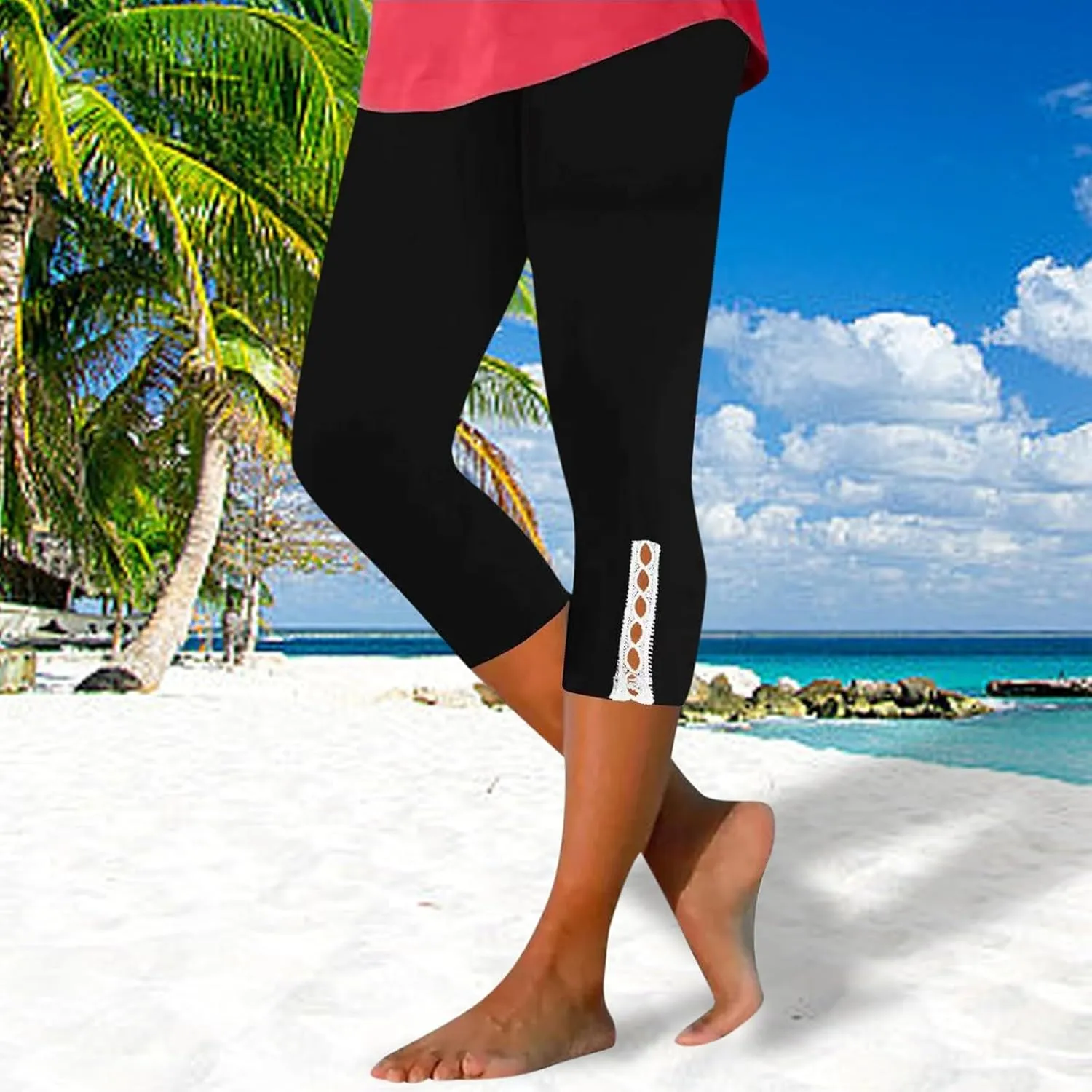 Women's High Waist Lace Trim Leggings, Stretchy Slim Fit Full Length Skinny Pants for Spring/Fall