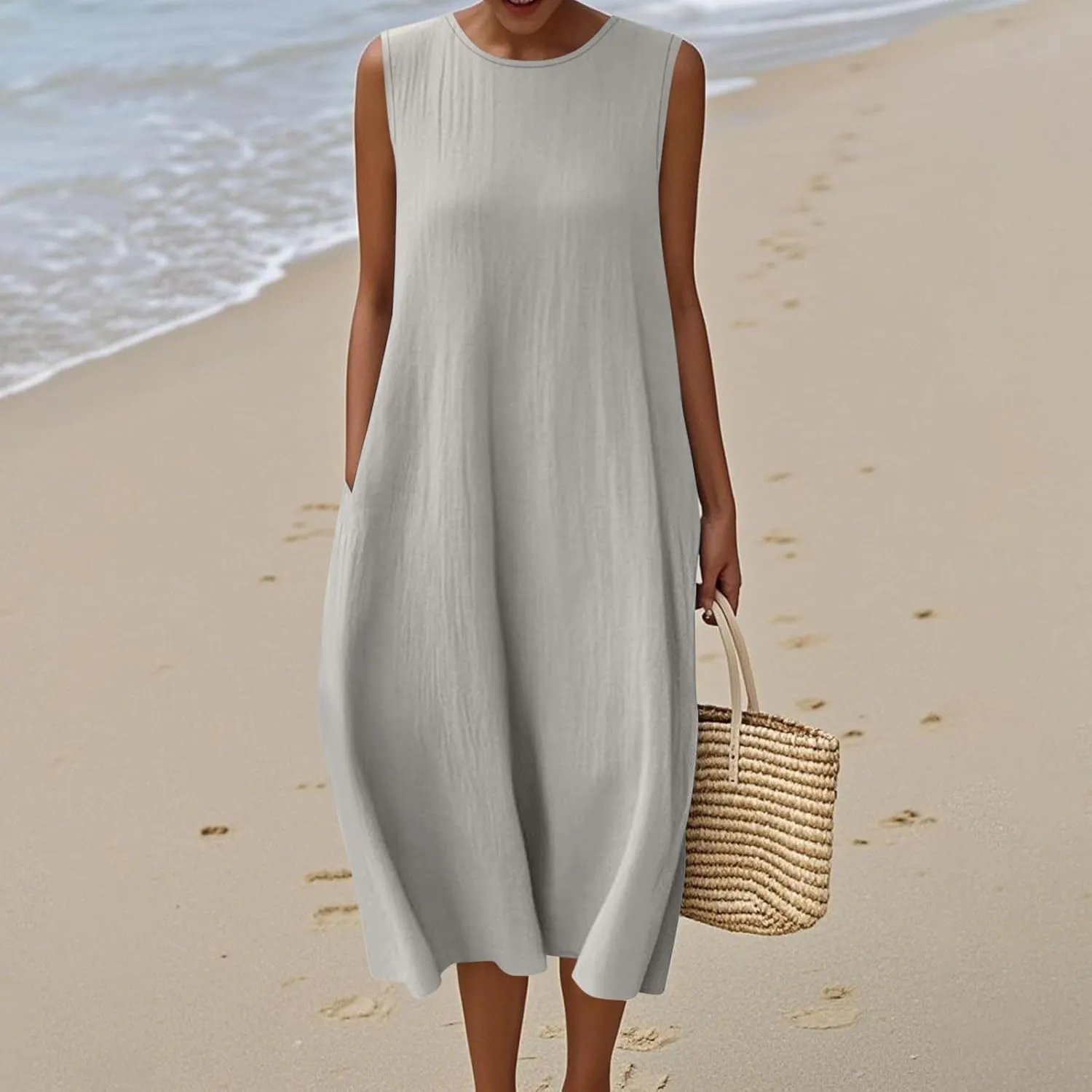 Womens Midi Tank Dresses Summer Casual Cotton Linen Sleeveless Dress with Pockets Loose Flowy Beach Vacation Sundress