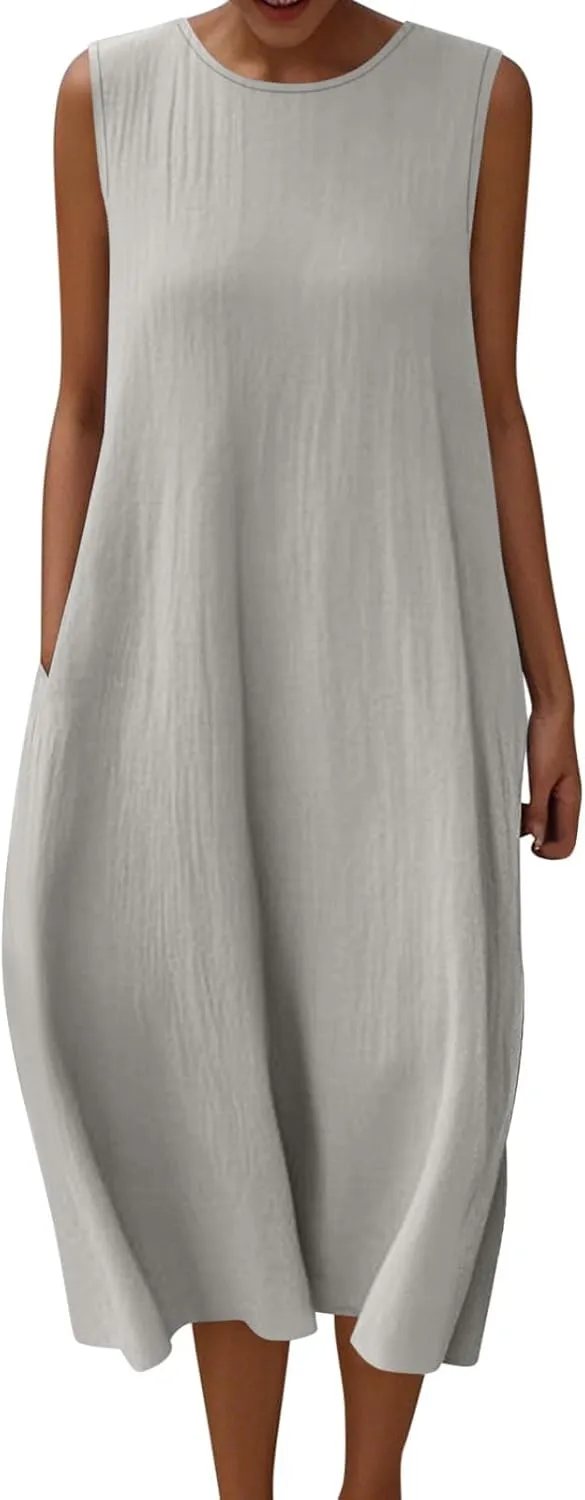 Womens Midi Tank Dresses Summer Casual Cotton Linen Sleeveless Dress with Pockets Loose Flowy Beach Vacation Sundress