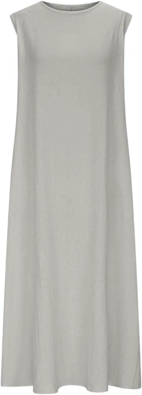 Womens Midi Tank Dresses Summer Casual Cotton Linen Sleeveless Dress with Pockets Loose Flowy Beach Vacation Sundress