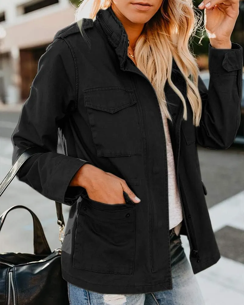 Womens Military Anorak Jacket 2024 Fall Zip Up Snap Button Parka Safari Utility Coat Outwear with Pockets