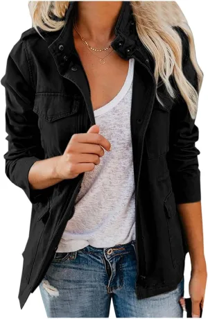 Womens Military Anorak Jacket 2024 Fall Zip Up Snap Button Parka Safari Utility Coat Outwear with Pockets