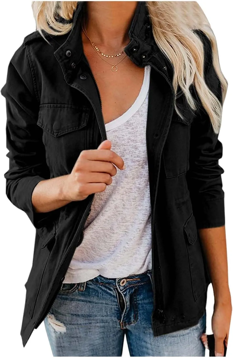 Womens Military Anorak Jacket 2024 Fall Zip Up Snap Button Parka Safari Utility Coat Outwear with Pockets