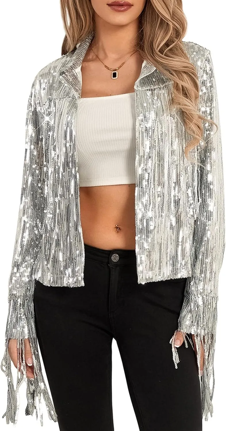 Women's Sequin Party Jackets Sparkly Long Sleeve Open Front Tassel Jackets Blazers Clubwear