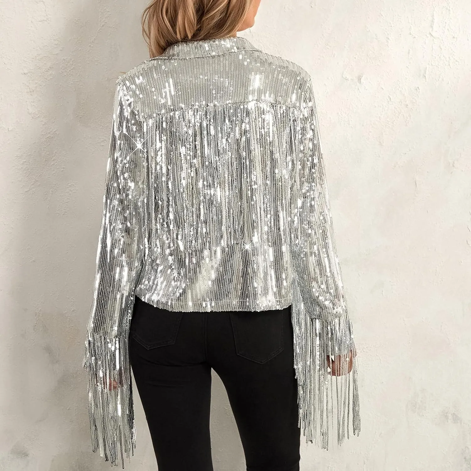 Women's Sequin Party Jackets Sparkly Long Sleeve Open Front Tassel Jackets Blazers Clubwear