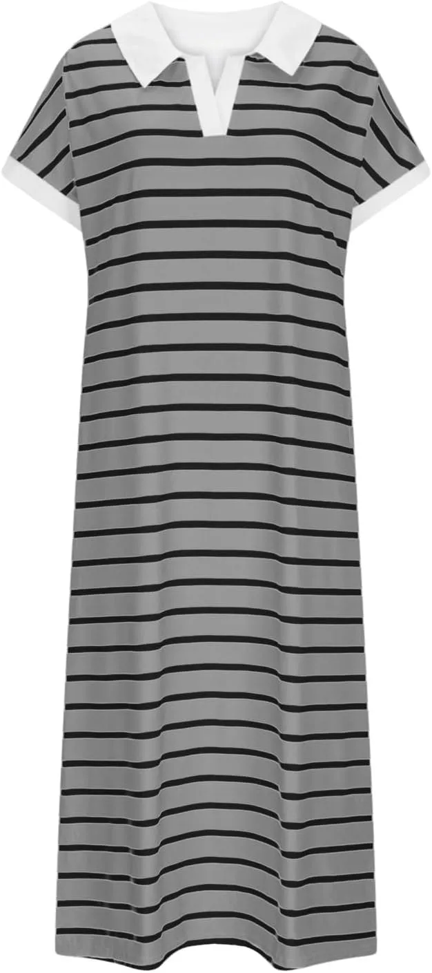 Womens Striped Summer Dresses Casual Short Sleeve V Neck Dress Knitted Collared Dress Side Slit Maxi Sweater Dresses
