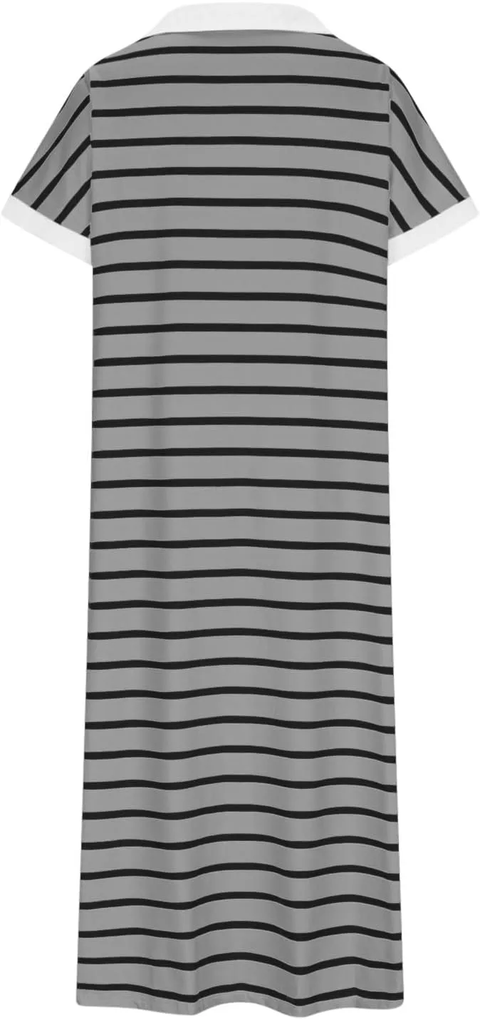 Womens Striped Summer Dresses Casual Short Sleeve V Neck Dress Knitted Collared Dress Side Slit Maxi Sweater Dresses