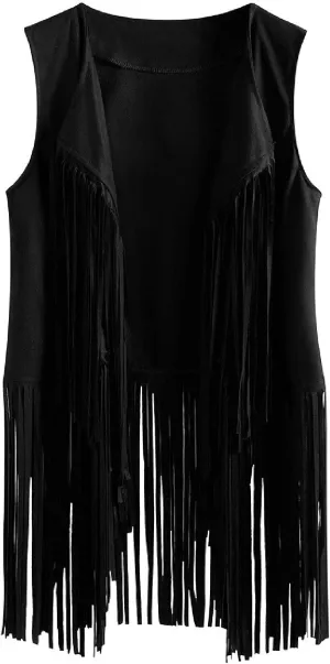 Womens Vintage Western Fringe Vest Tops Classic Suede Leather 70s Cowboy Shirt Sleeveless Tassel Cardigan Coat
