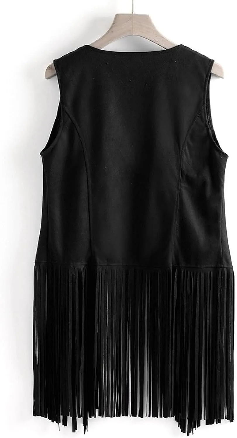 Womens Vintage Western Fringe Vest Tops Classic Suede Leather 70s Cowboy Shirt Sleeveless Tassel Cardigan Coat