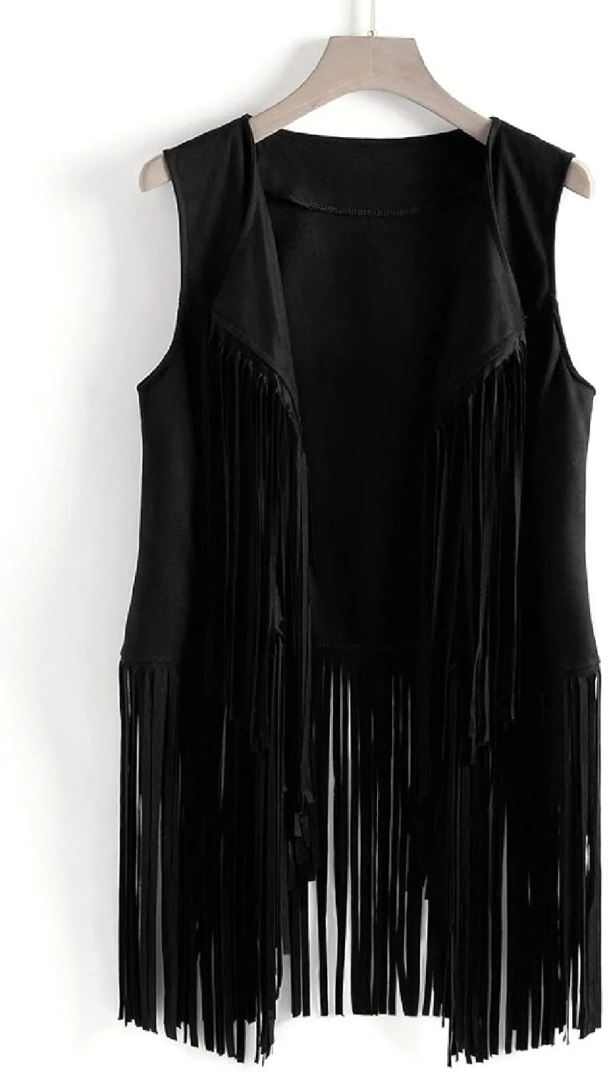 Womens Vintage Western Fringe Vest Tops Classic Suede Leather 70s Cowboy Shirt Sleeveless Tassel Cardigan Coat