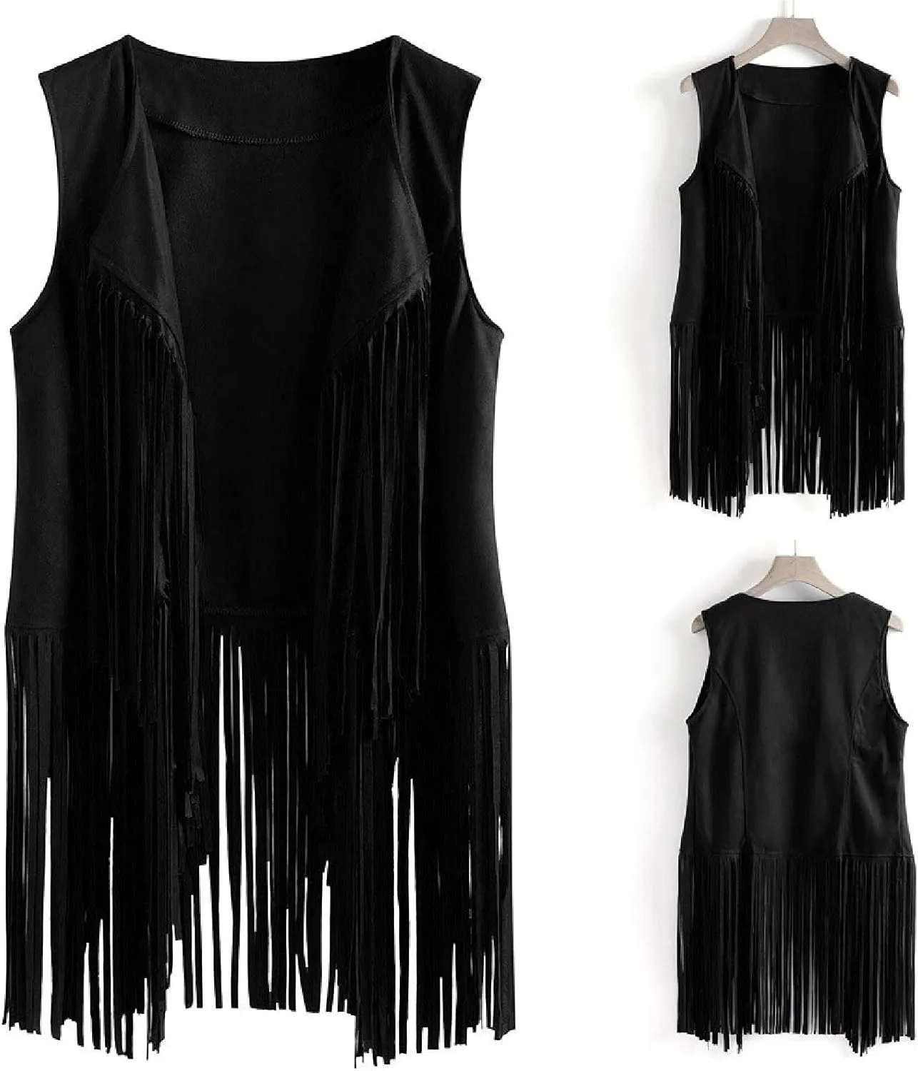 Womens Vintage Western Fringe Vest Tops Classic Suede Leather 70s Cowboy Shirt Sleeveless Tassel Cardigan Coat