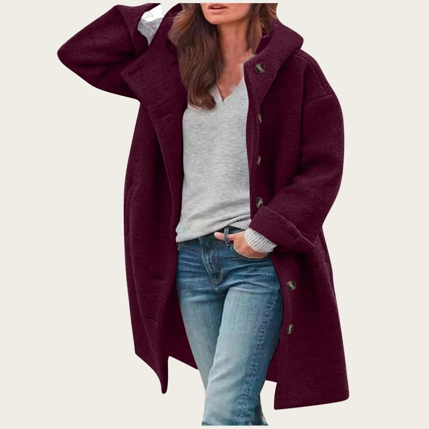 Womens Wool Blend Pea Coat with Hood Casual Botton Down Jacket Loose Fit Trench Coat Jacket