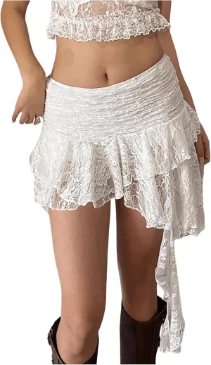 Women's Y2K Lace Ruched Skirts Asymmetrical Ruffle Hem Drop Waist Mini Skirts