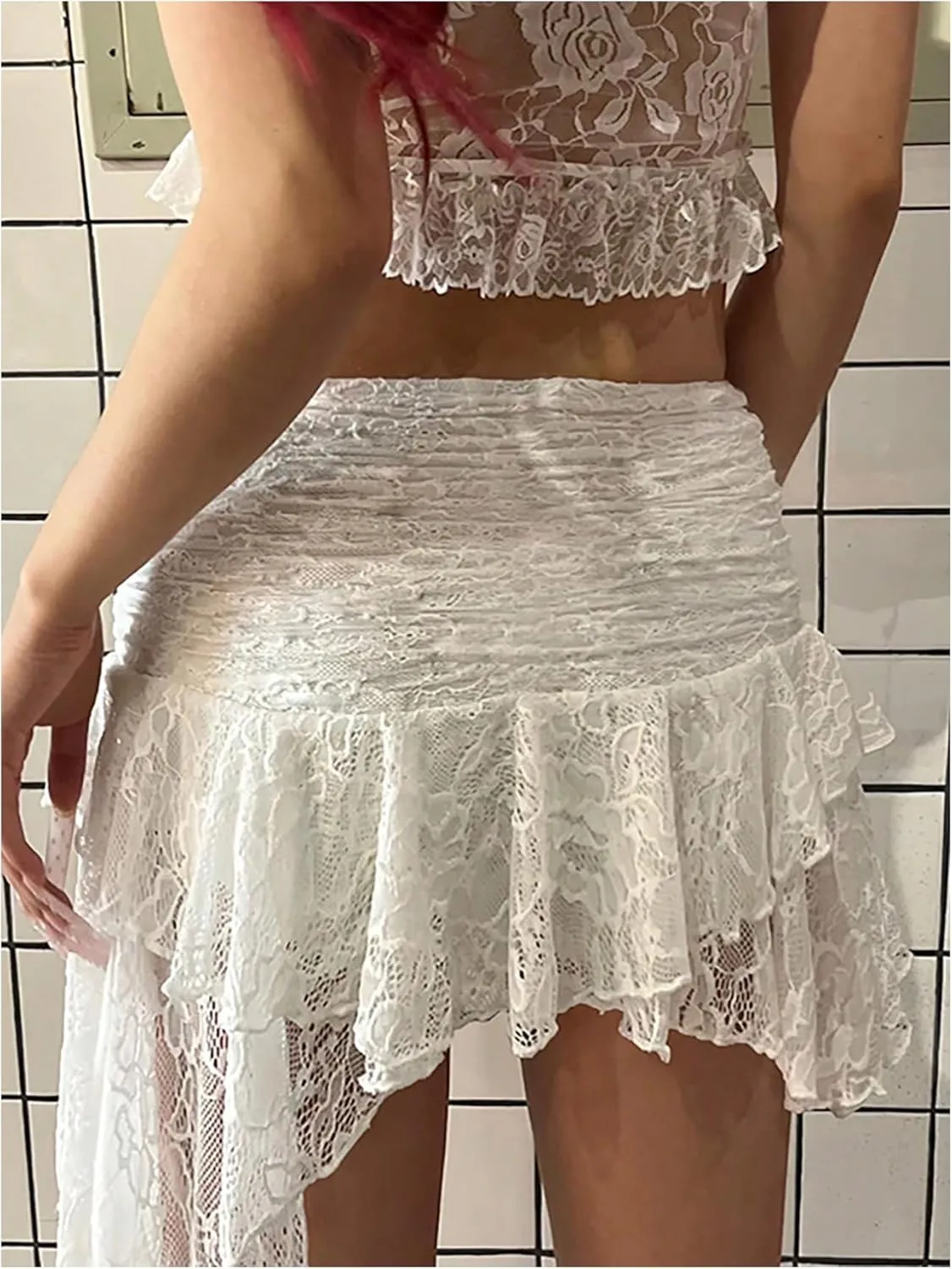 Women's Y2K Lace Ruched Skirts Asymmetrical Ruffle Hem Drop Waist Mini Skirts