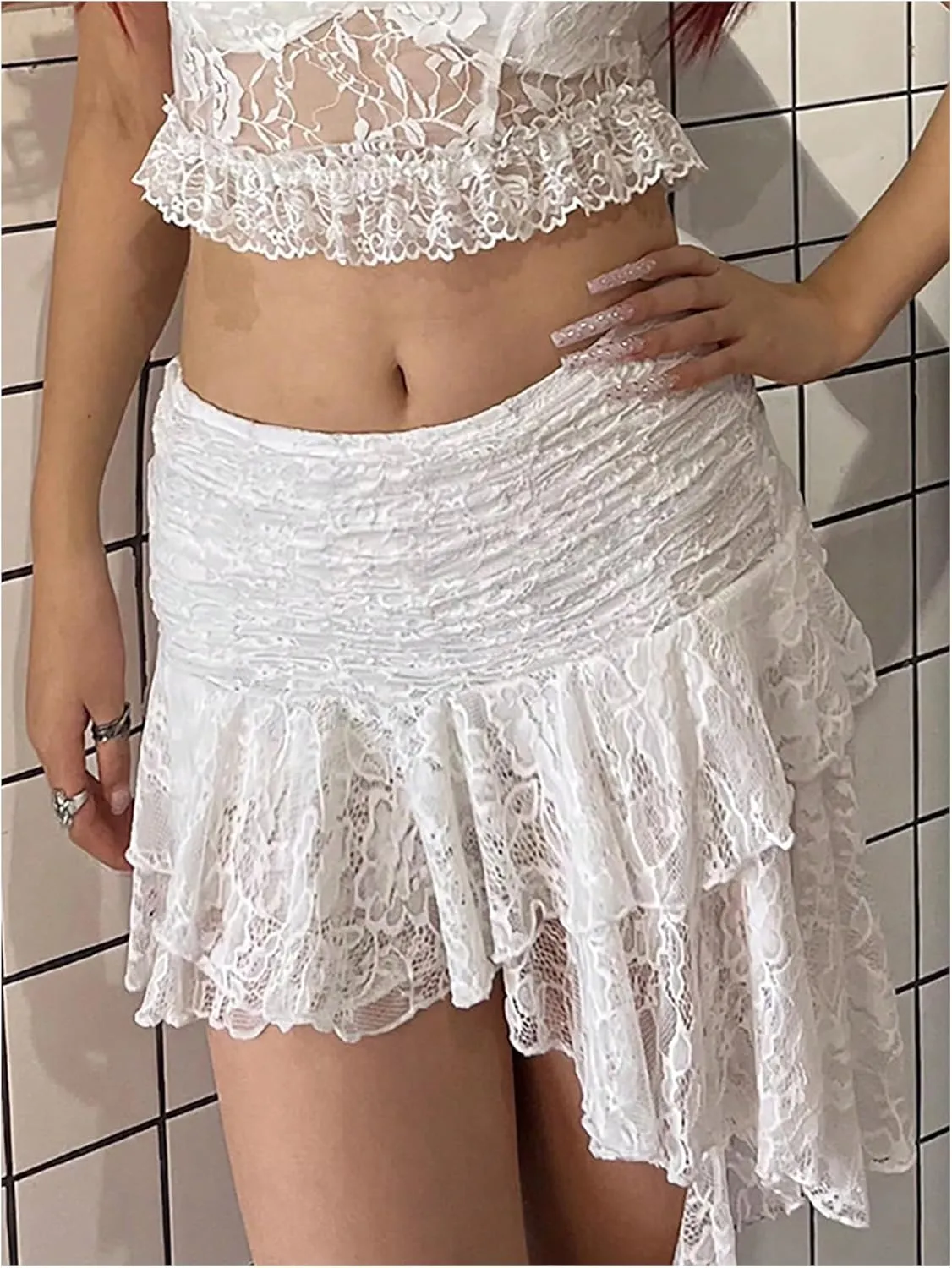 Women's Y2K Lace Ruched Skirts Asymmetrical Ruffle Hem Drop Waist Mini Skirts