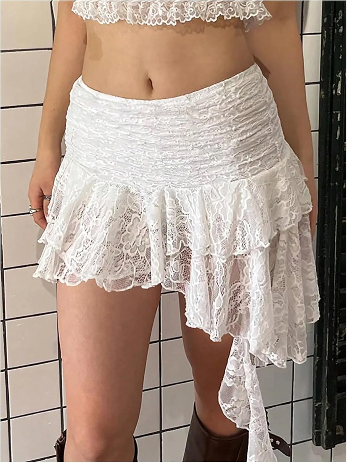 Women's Y2K Lace Ruched Skirts Asymmetrical Ruffle Hem Drop Waist Mini Skirts