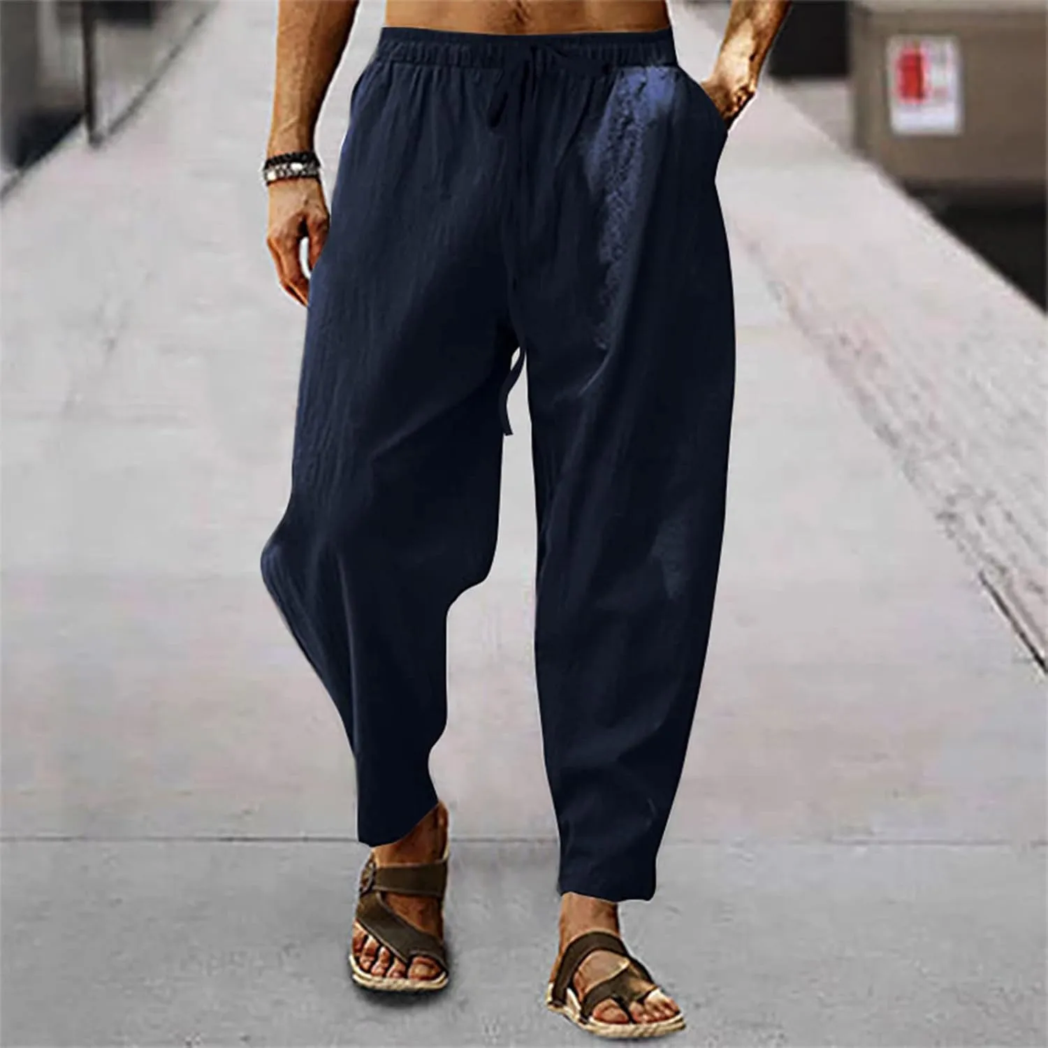 XIAXOGOOL Mens Linen Pants Big and Tall Elastic Waist Harem Pants Drawstring Beach Pants Men Jogger Yoga Work Pants Trousers