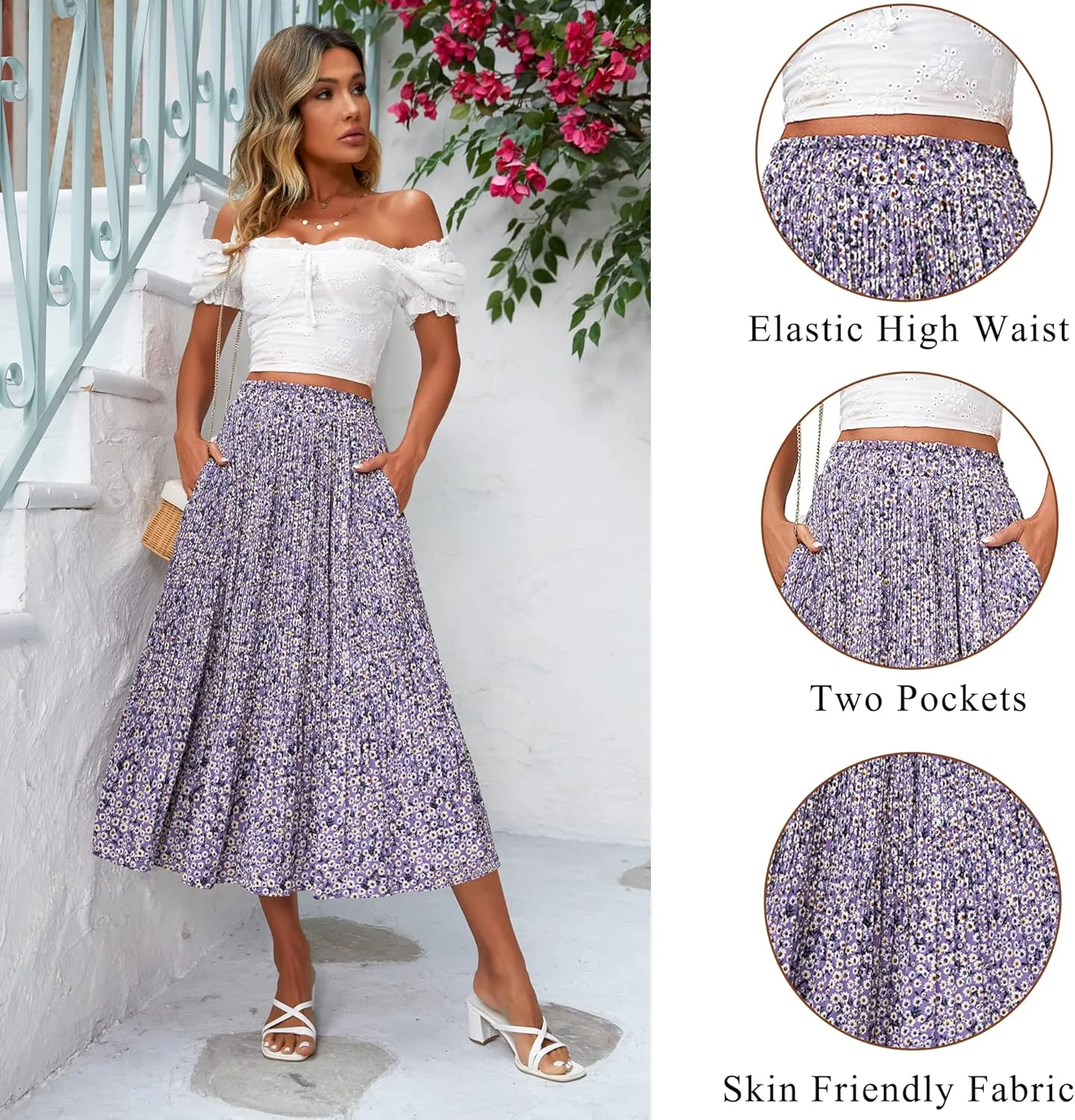 Zeagoo Women's Midi Skirts High Waisted Pleated A-Line Swing Skirts Summer Floral Long Skirts with Pockets