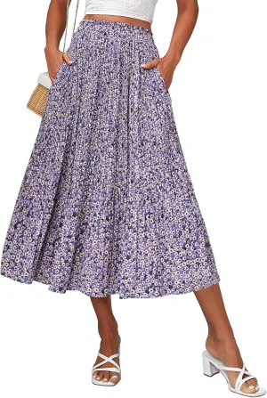 Zeagoo Women's Midi Skirts High Waisted Pleated A-Line Swing Skirts Summer Floral Long Skirts with Pockets
