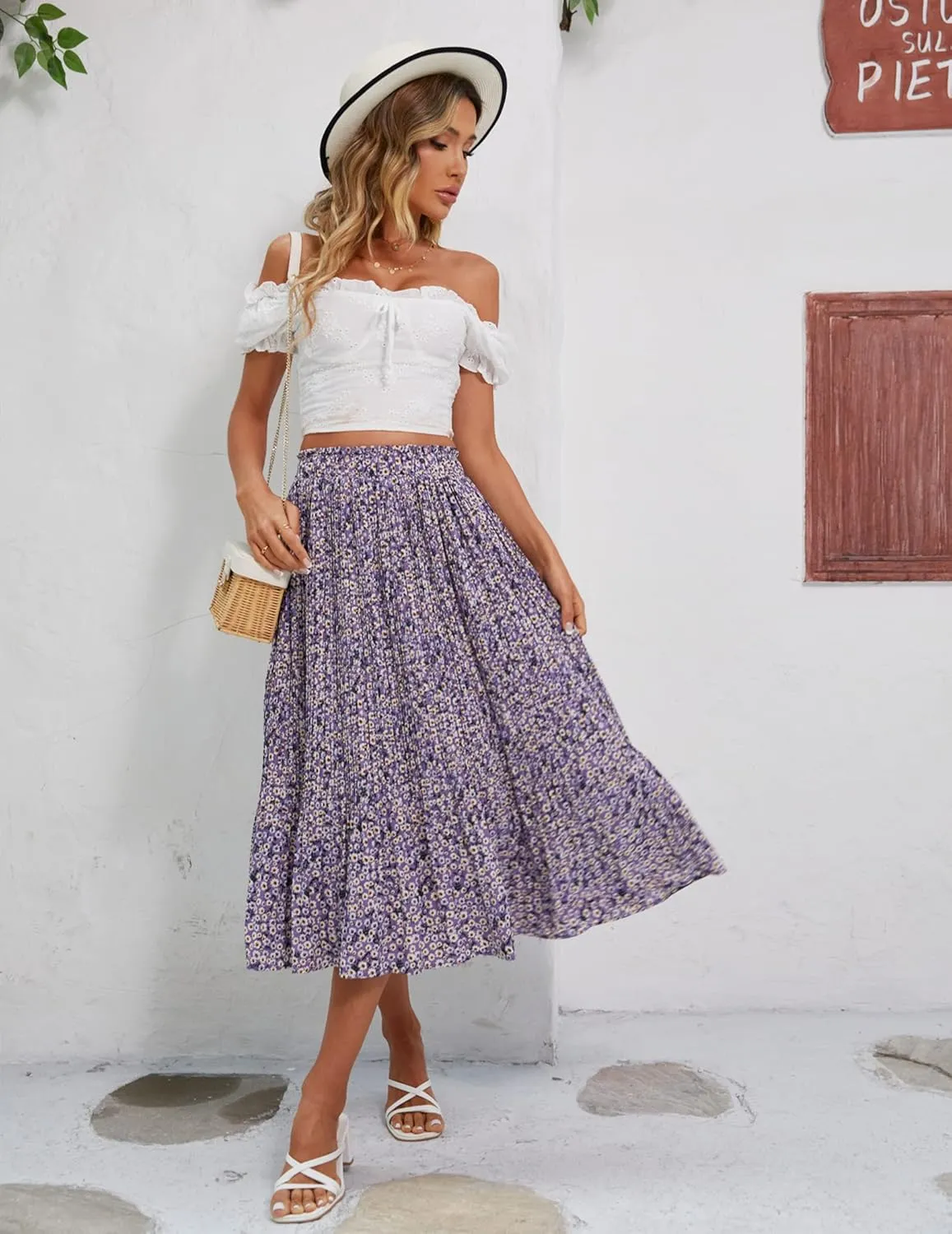 Zeagoo Women's Midi Skirts High Waisted Pleated A-Line Swing Skirts Summer Floral Long Skirts with Pockets