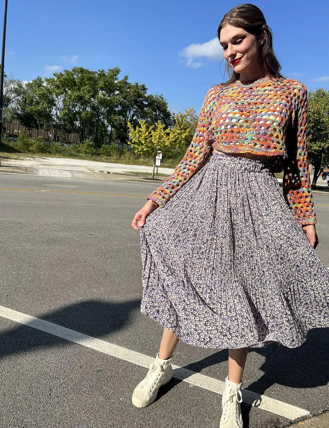 Zeagoo Women's Midi Skirts High Waisted Pleated A-Line Swing Skirts Summer Floral Long Skirts with Pockets